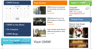 The widget areas at the bottom of the UMW home page
