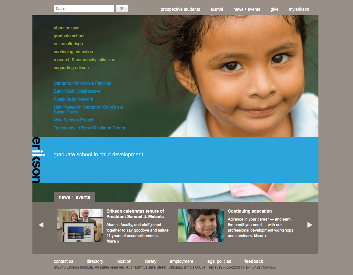 Screenshot of Erikson Institute’s homepage, a graduate school for child development in Chicago